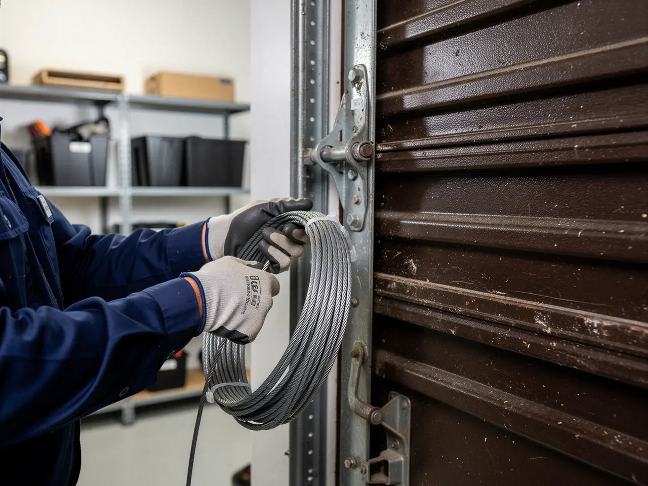 A technician in gloves holds a coil of garage door cable next to a brown garage door.