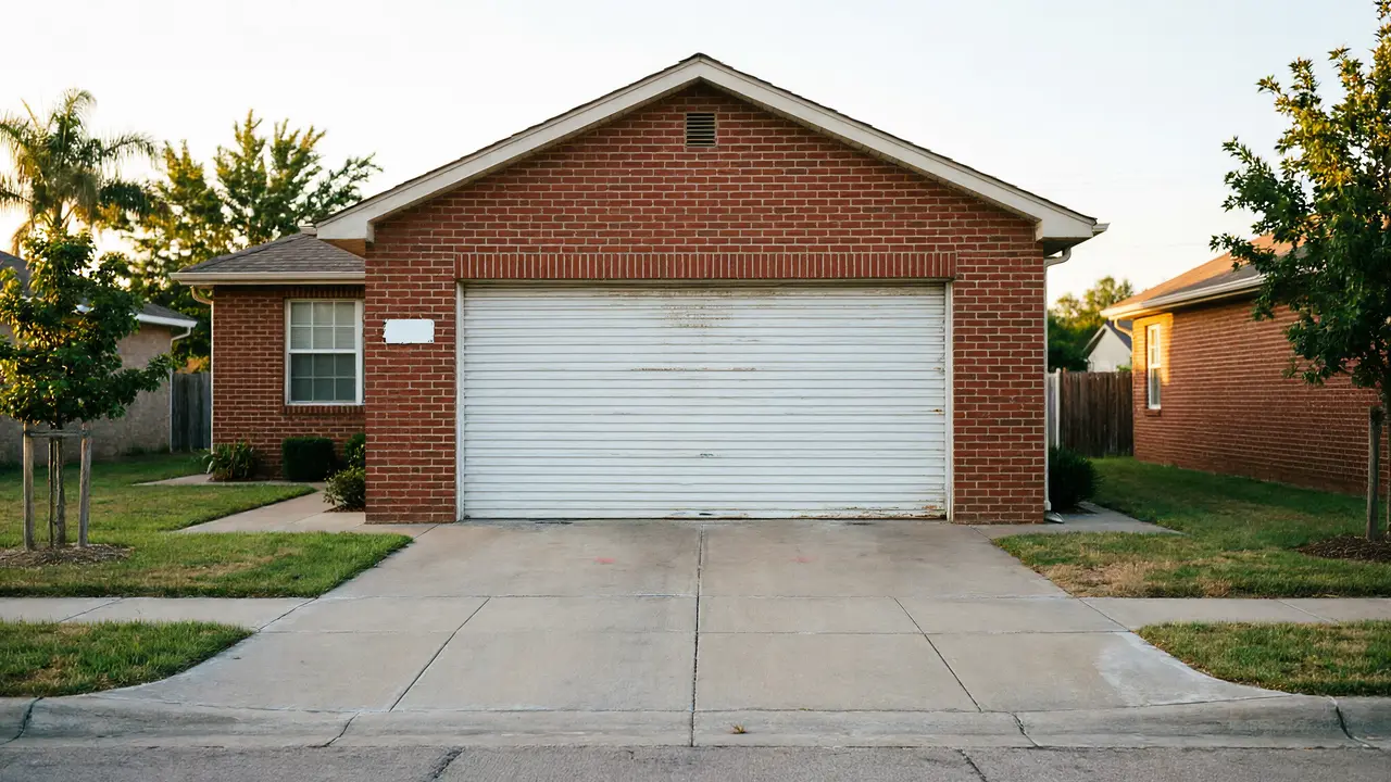 A single-story brick house has a white garage door and a concrete driveway.