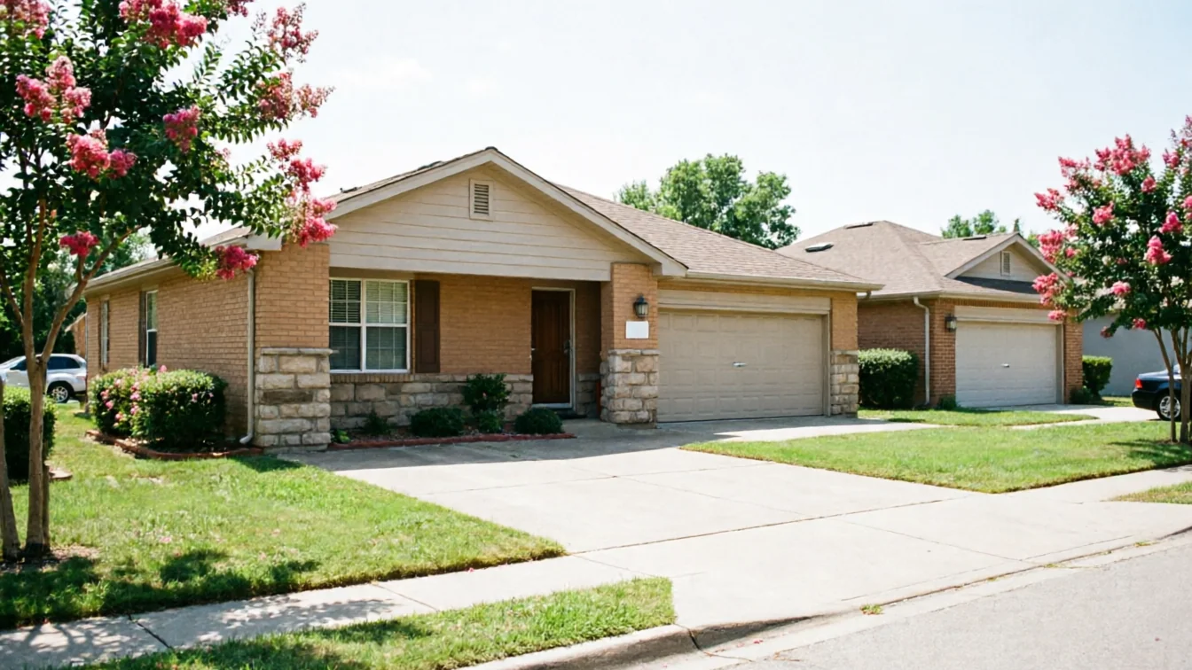 Two houses with tan garage doors and brick exteriors are visible.
