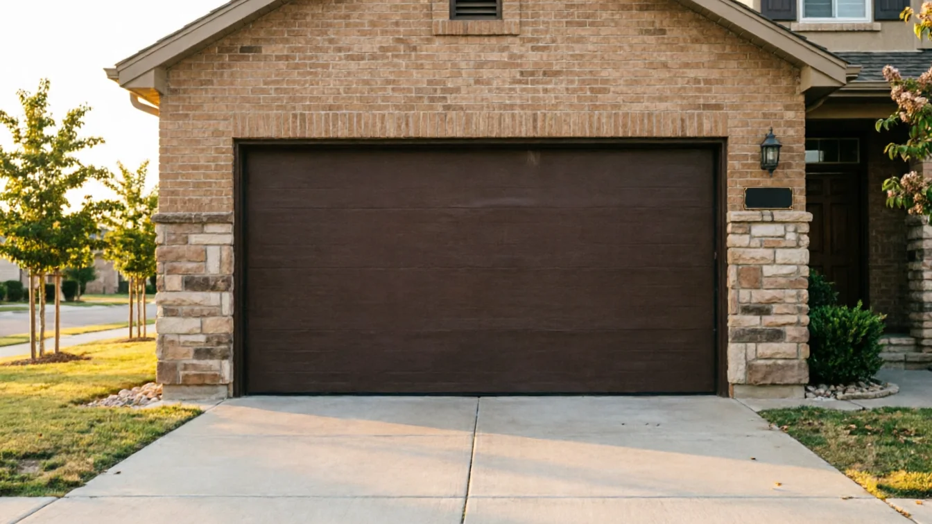 A brown garage door is set in a brick house with stone accents.
