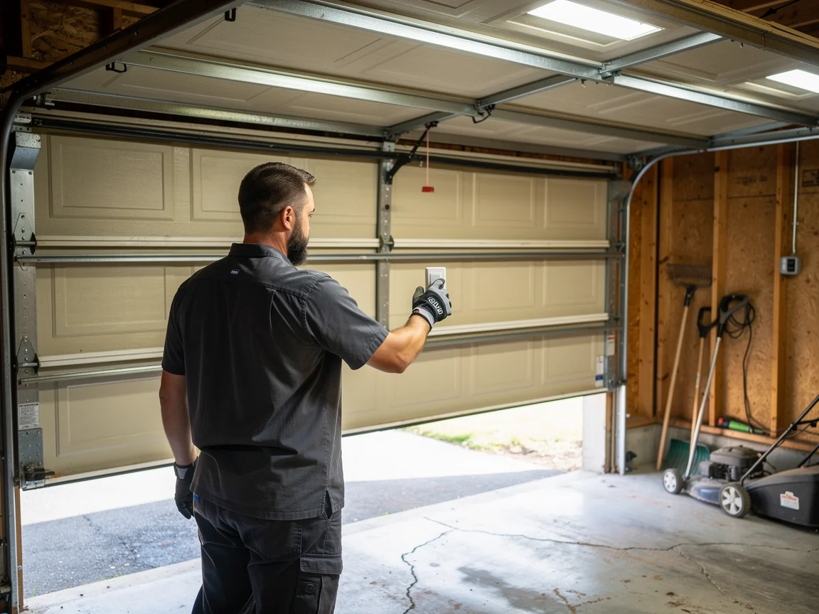 A technician in a gray shirt operates a garage door opener remote.