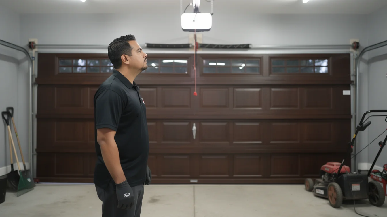 A technician looks up at a garage door opener in a garage.