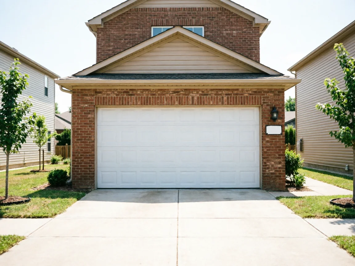 A white garage door on a brick house with a concrete driveway.