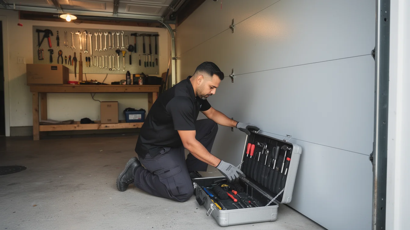 A technician kneels by an open toolbox next to a white garage door.