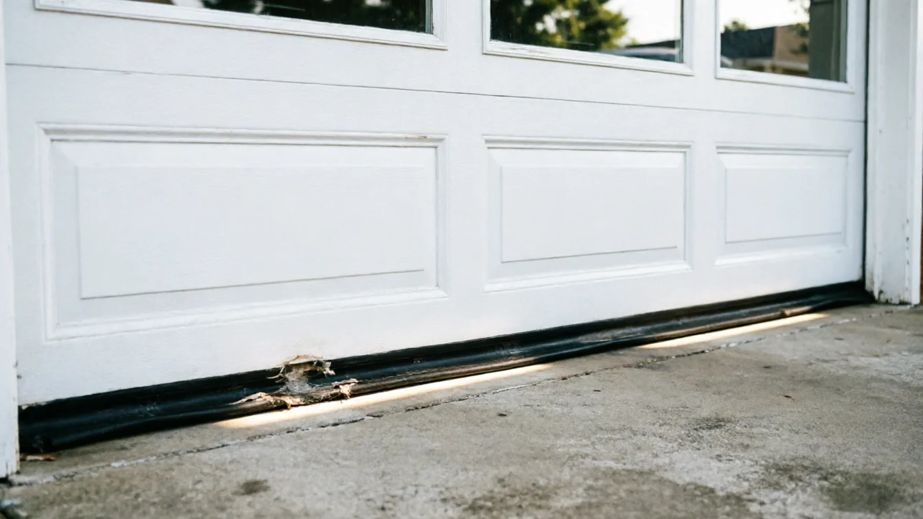 The white garage door has a damaged bottom seal and a gap underneath.